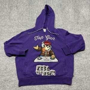 Top Gun Hoodie Mens Small Purple Feel The Beat DJ Bear Embroidered Graphic